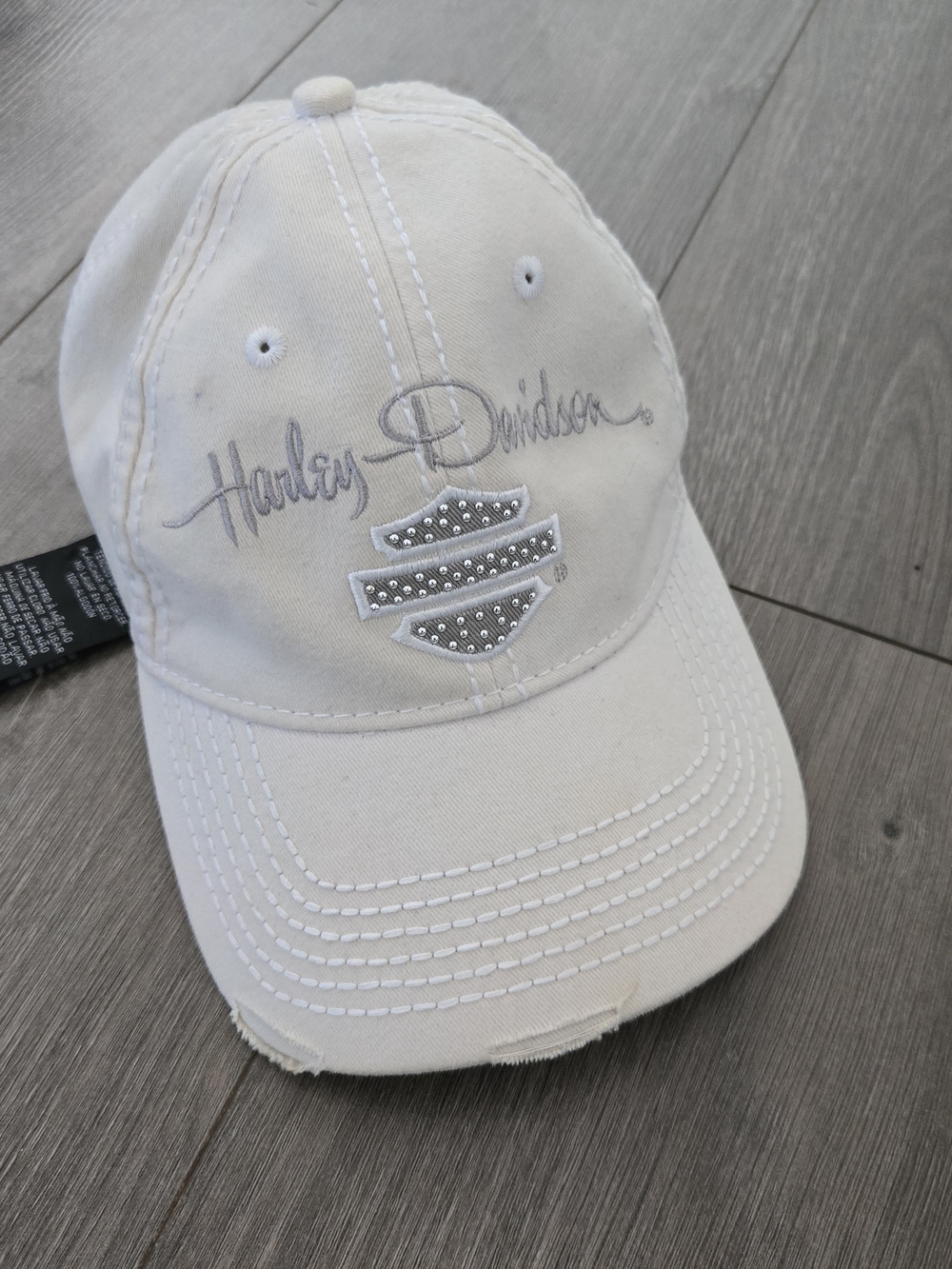Harley-Davidson Womens White Distressed Studded Logo Baseball Hat Cap Adjustable